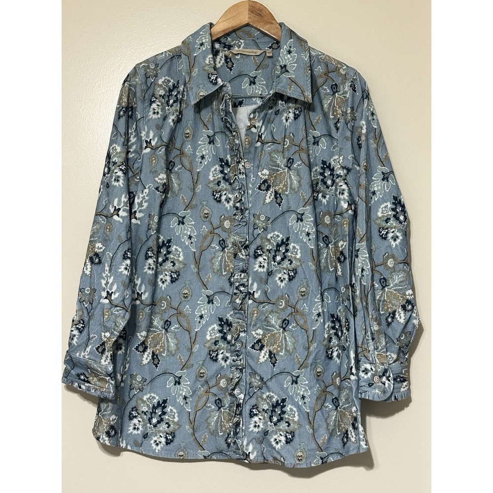 Soft Surroundings Blue Floral Paisley Corduroy Ruffle Button Down Shirt Womens M